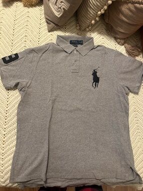 Polo by Ralph Lauren Men's Heather Gray Polo with Navy Pony Embroidery